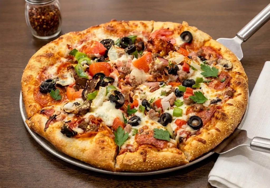 A hand tossed pizza fresh from the oven