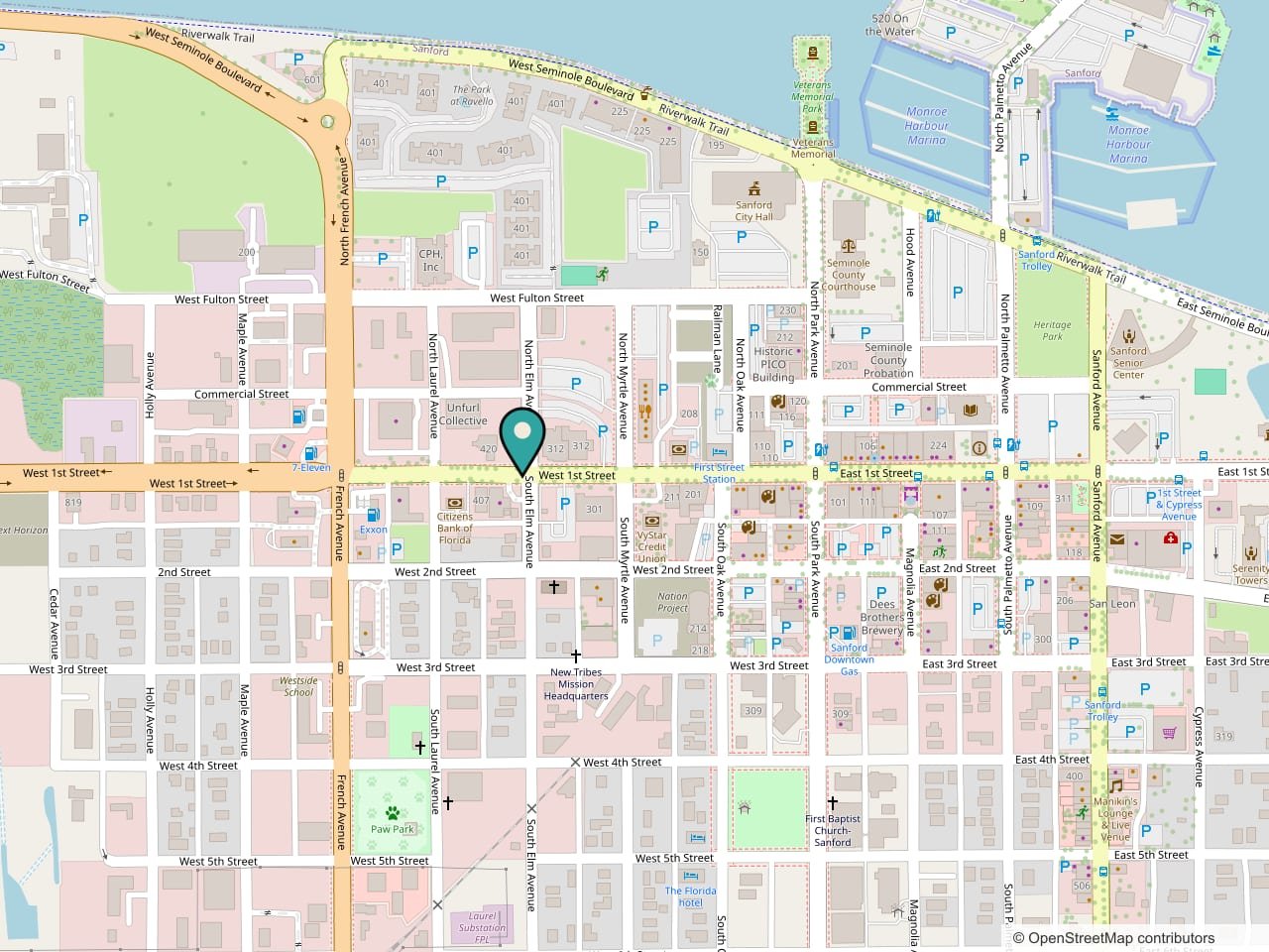 Street map showing The Original Christo's at 107 W 1st St, Sanford. Opens driving directions on Google Maps in a new tab.